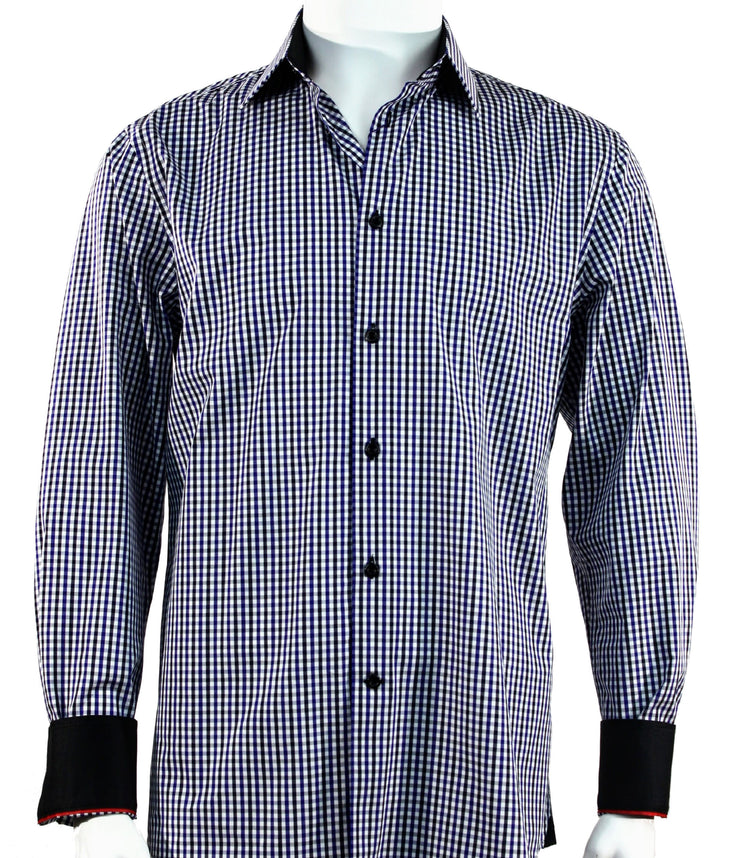 Cado Long Sleeve Button Down Men's Fashion Shirt - Plaid Pattern Navy Blue #245