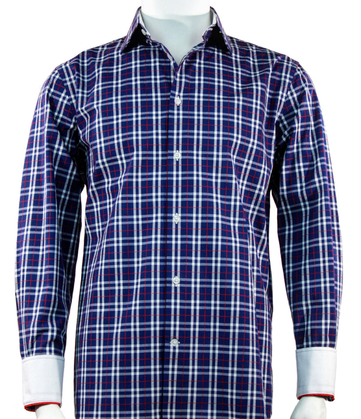Cado Long Sleeve Button Down Men's Fashion Shirt - Plaid Pattern Navy Blue #249