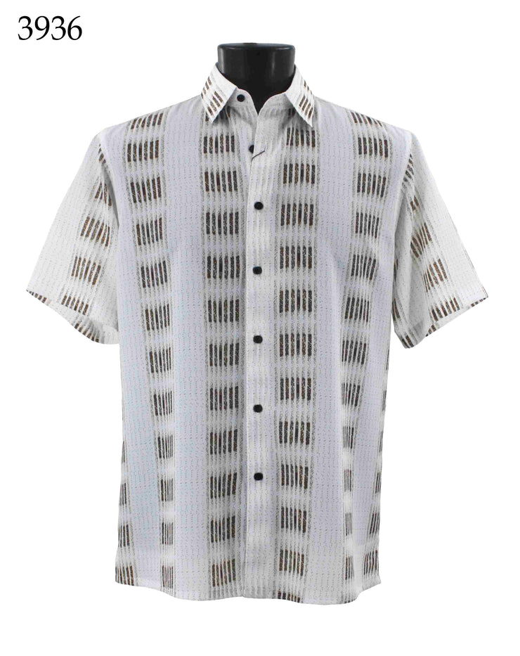 Bassiri Short Sleeve Button Down Casual Printed Men's Shirt - Stripe & Dash Pattern White & Gold #3936