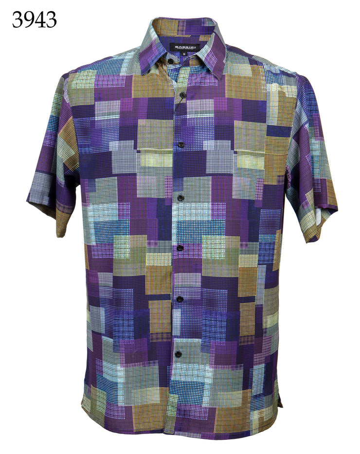Bassiri Short Sleeve Button Down Casual Printed Men's Shirt - Squares Pattern Purple #3943