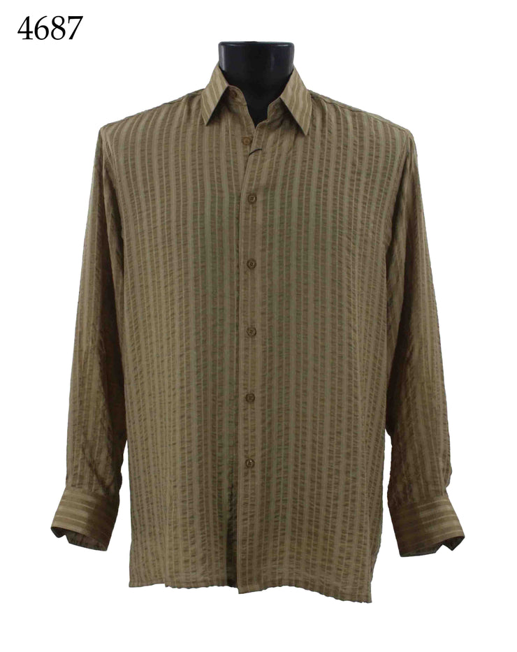 Bassiri Long Sleeve Button Down Casual Printed Men's Shirt - Multi Stripe Pattern Olive #4687