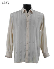 Bassiri Long Sleeve Button Down Casual Printed Men's Shirt - Shiny Stripe Pattern Cream #4733