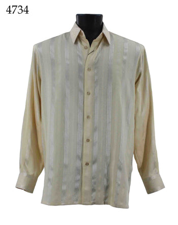 Bassiri Long Sleeve Button Down Casual Printed Men's Shirt - Shiny Stripe Pattern Yellow #4734