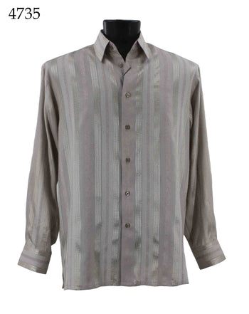 Bassiri Long Sleeve Button Down Casual Printed Men's Shirt - Shiny Stripe Pattern Tan #4735