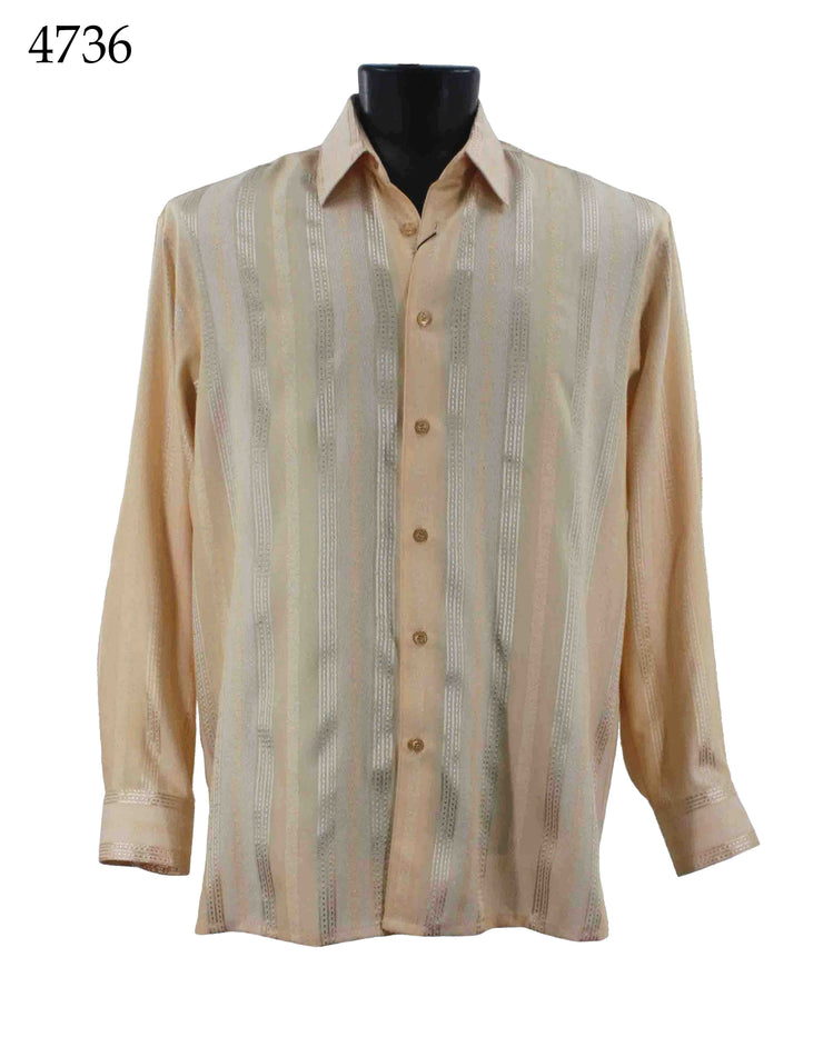 Bassiri Long Sleeve Button Down Casual Printed Men's Shirt - Shiny Stripe Pattern Peach #4736