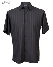 Bassiri Short Sleeve Button Down Casual Tone on Tone Men's Shirt - Shadow Stripe Pattern Charcoal #48261