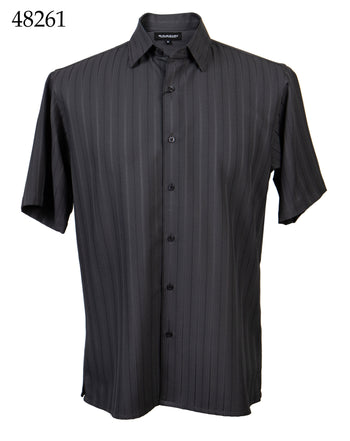 Bassiri Short Sleeve Button Down Casual Tone on Tone Men's Shirt - Shadow Stripe Pattern Charcoal #48261