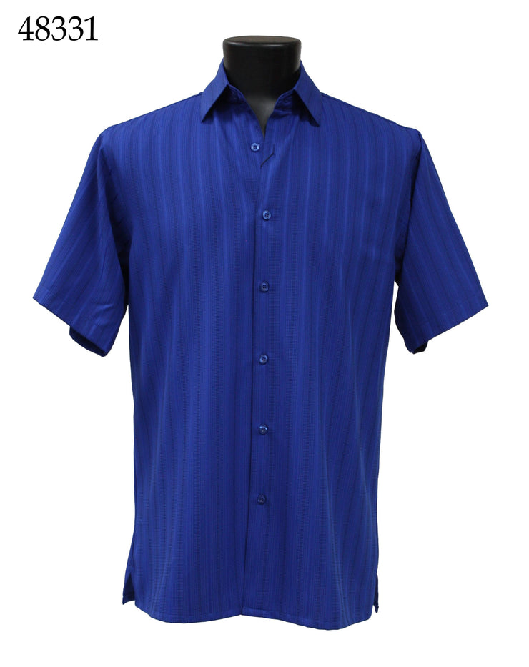 Bassiri Short Sleeve Button Down Casual Tone on Tone Men's Shirt - Shadow Stripe Pattern Royal Blue #48331