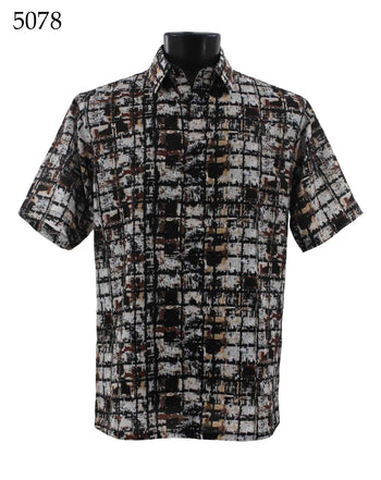 Bassiri Short Sleeve Button Down Casual Printed Men's Shirt - Squares Pattern Brown #5078