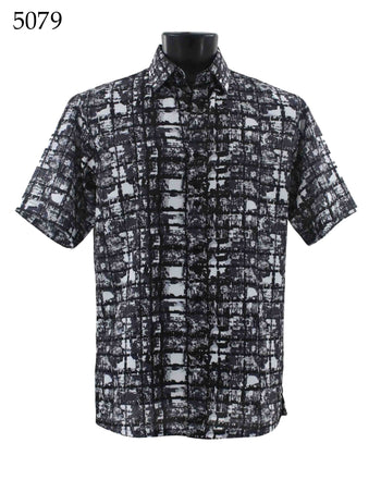 Bassiri Short Sleeve Button Down Casual Printed Men's Shirt - Squares Pattern Grey #5079