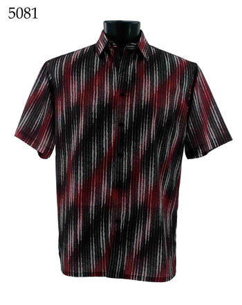 Bassiri Short Sleeve Button Down Casual Printed Men's Shirt - Stripe Pattern Red #5081