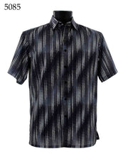 Bassiri Short Sleeve Button Down Casual Printed Men's Shirt - Stripe Pattern Grey #5085