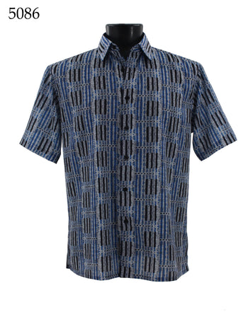 Bassiri Short Sleeve Button Down Casual Printed Men's Shirt - Stripe Pattern Blue #5086
