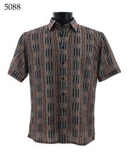 Bassiri Short Sleeve Button Down Casual Printed Men's Shirt - Stripe Pattern Brown #5088
