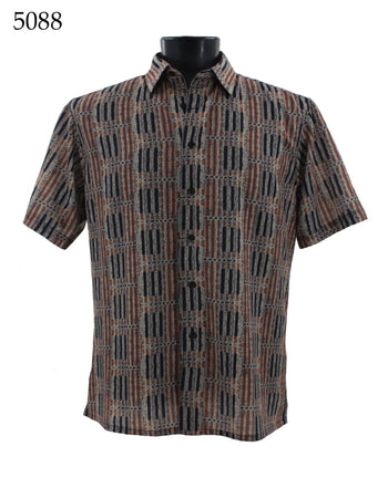 Bassiri Short Sleeve Button Down Casual Printed Men's Shirt - Stripe Pattern Brown #5088