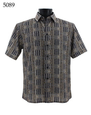 Bassiri Short Sleeve Button Down Casual Printed Men's Shirt - Stripe Pattern Olive #5089