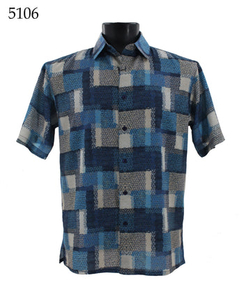Bassiri Short Sleeve Button Down Casual Printed Men's Shirt - Geometrical Squares Pattern  #5106