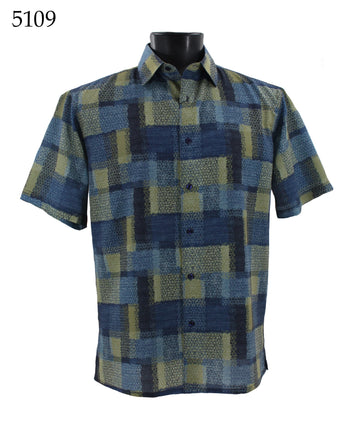 Bassiri Short Sleeve Button Down Casual Printed Men's Shirt - Blue & Green Geometrical Squares Pattern  #5109