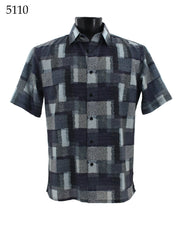 Bassiri Short Sleeve Button Down Casual Printed Men's Shirt - Blues Geometrical Squares Pattern  #5110