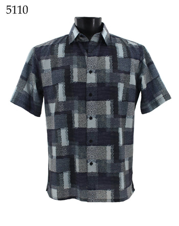 Bassiri Short Sleeve Button Down Casual Printed Men's Shirt - Blues Geometrical Squares Pattern  #5110