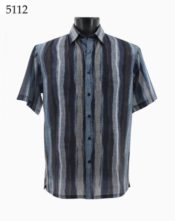 Bassiri Short Sleeve Button Down Casual Printed Men's Shirt - Wave Pattern Blue #5112