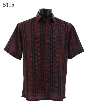 Bassiri Short Sleeve Button Down Casual Printed Men's Shirt - Stripe Pattern Red #5115