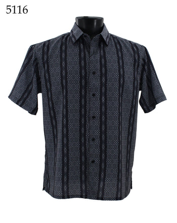 Bassiri Short Sleeve Button Down Casual Printed Men's Shirt - Stripe Pattern Navy #5116