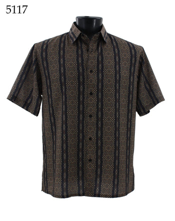 Bassiri Short Sleeve Button Down Casual Printed Men's Shirt - Stripe Pattern Brown #5117