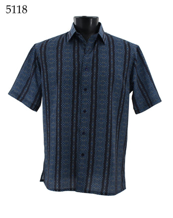 Bassiri Short Sleeve Button Down Casual Printed Men's Shirt - Stripe Pattern Blue #5118