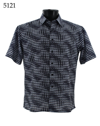Bassiri Short Sleeve Button Down Casual Printed Men's Shirt - Abstract Pattern Navy Blue #5121