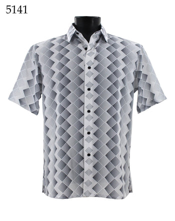 Bassiri Short Sleeve Button Down Casual Printed Men's Shirt - Diamond Pattern White #5141