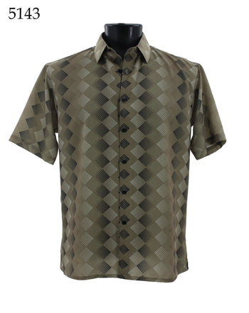 Bassiri Short Sleeve Button Down Casual Printed Men's Shirt - Diamond Pattern Olive #5143
