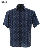 Bassiri Short Sleeve Button Down Casual Printed Men's Shirt - Diamonds Pattern Navy #5144