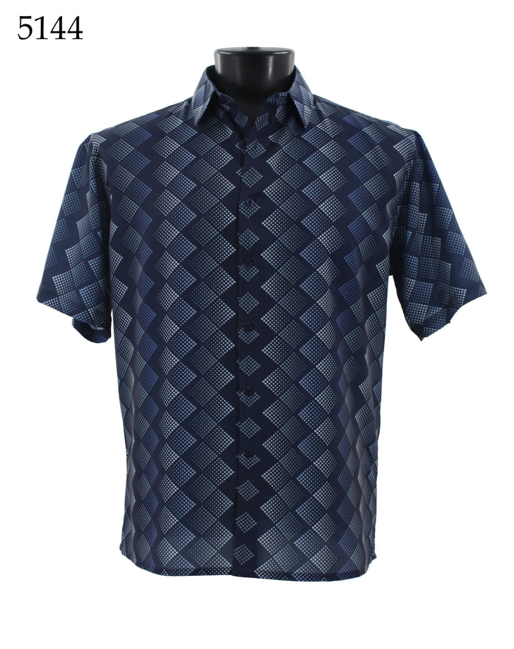 Bassiri Short Sleeve Button Down Casual Printed Men's Shirt - Diamonds Pattern Navy #5144