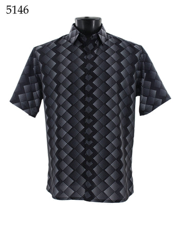 Bassiri Short Sleeve Button Down Casual Printed Men's Shirt - Diamond Pattern Black #5146
