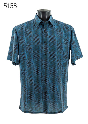 Bassiri Short Sleeve Button Down Casual Printed Men's Shirt -Diagonal Waves Pattern Blue #5158