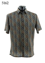 Bassiri Short Sleeve Button Down Casual Printed Men's Shirt -Diagonal Waves Pattern Brown #5162