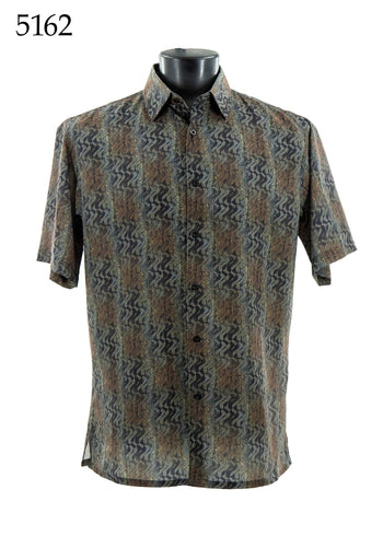 Bassiri Short Sleeve Button Down Casual Printed Men's Shirt -Diagonal Waves Pattern Brown #5162