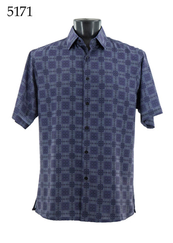 Bassiri Short Sleeve Button Down Casual Printed Men's Shirt -Squares Pattern #5171