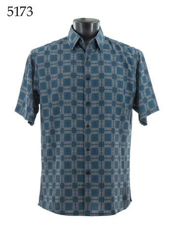 Bassiri Short Sleeve Button Down Casual Printed Men's Shirt -Squares Pattern #5173