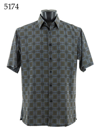 Bassiri Short Sleeve Button Down Casual Printed Men's Shirt -Squares Pattern #5174