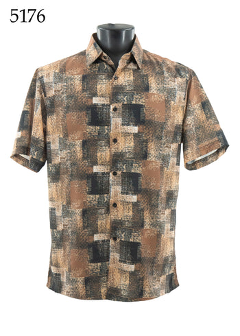 Bassiri Short Sleeve Button Down Casual Printed Men's Shirt -Squares Print Pattern #5176