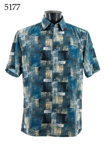 Bassiri Short Sleeve Button Down Casual Printed Men's Shirt -Squares Print Pattern #5177