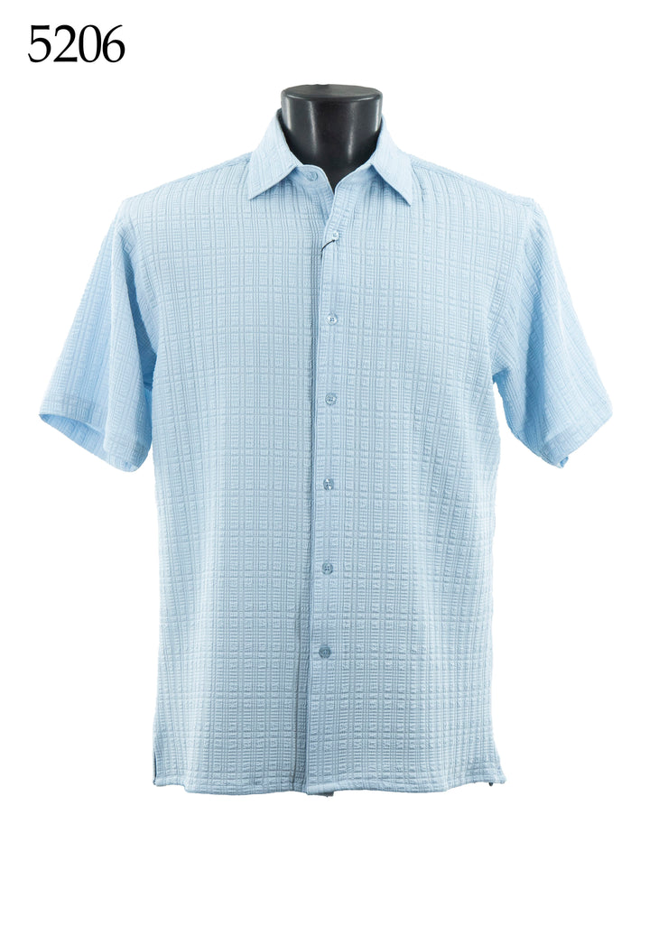 Bassiri Short Sleeve Button Down Casual Tone on Tone Men's Shirt - Shadow Stripes Pattern Blue #5206
