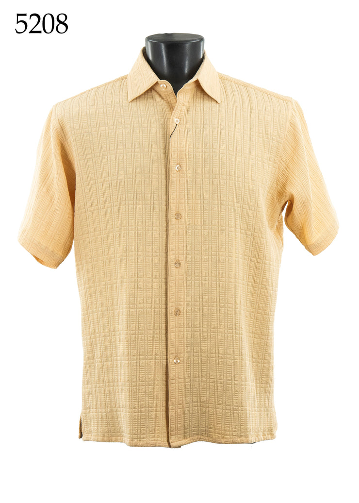 Bassiri Short Sleeve Button Down Casual Tone on Tone Men's Shirt - Shadow Stripes Pattern Cream #5208