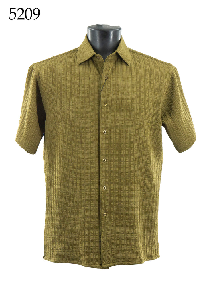 Bassiri Short Sleeve Button Down Casual Tone on Tone Men's Shirt - Shadow Stripes Pattern Olive #5209