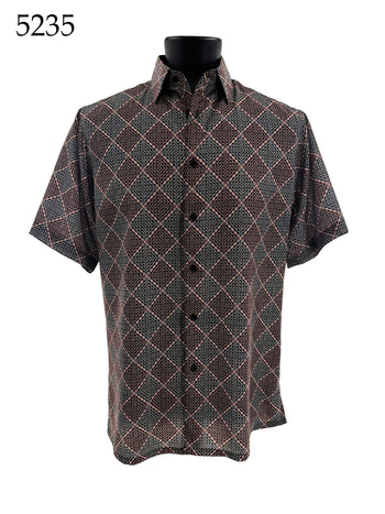 Bassiri Short Sleeve Button Down Casual Printed Men's Shirt - Diamonds Pattern #5235