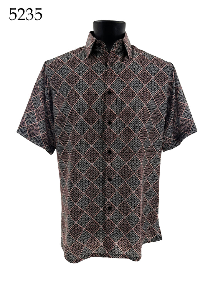 Bassiri Short Sleeve Button Down Casual Printed Men's Shirt - Diamonds Pattern #5235