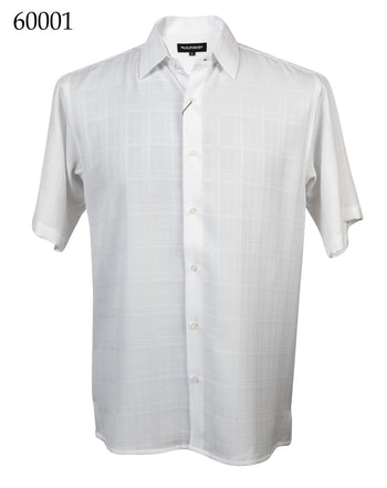 Bassiri Short Sleeve Button Down Casual Tone on Tone Men's Shirt - Shadow Grid Pattern White #60001