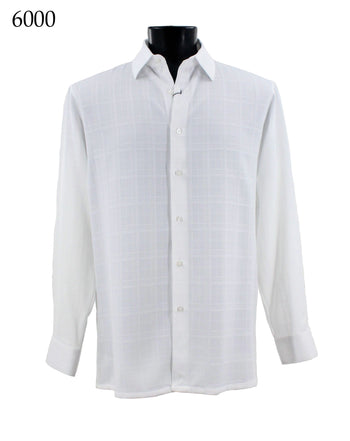 Bassiri Long Sleeve Button Down Casual Tone on Tone Men's Shirt - Shadow Grid Pattern White #6000